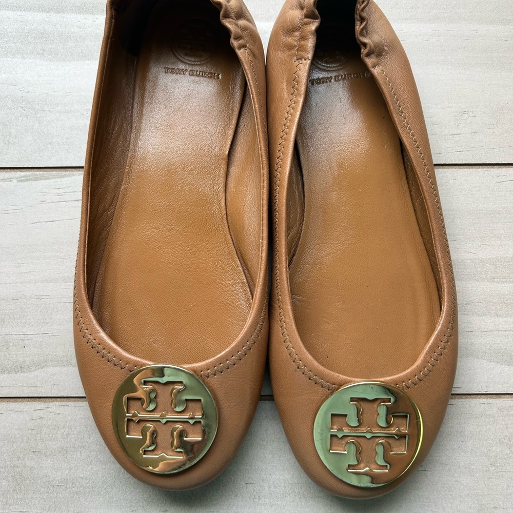 Tory Burch Tan Flats with Gold Logo